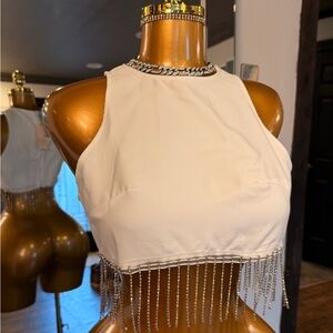 SHEIN Cream Rhinestone Fringe Halter Crop Top